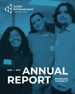 Cover of Annual Report 2022-2023 with photo of three students