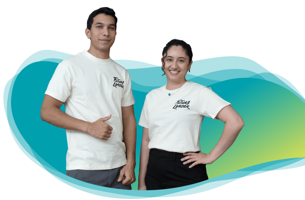 Two people wearing a white shirt that says "Future Leaders" on the front
