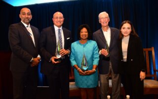 Pictured left to right: JA San Diego President & CEO Sidd Vivek, Cox Communications Senior Vice President Sam Attisha, Wilson Kosmo Turner Partner Emeritus Vickie Turner, Girard Foundation Founder Buzz Woolley, and JA Fellows Alum Diana