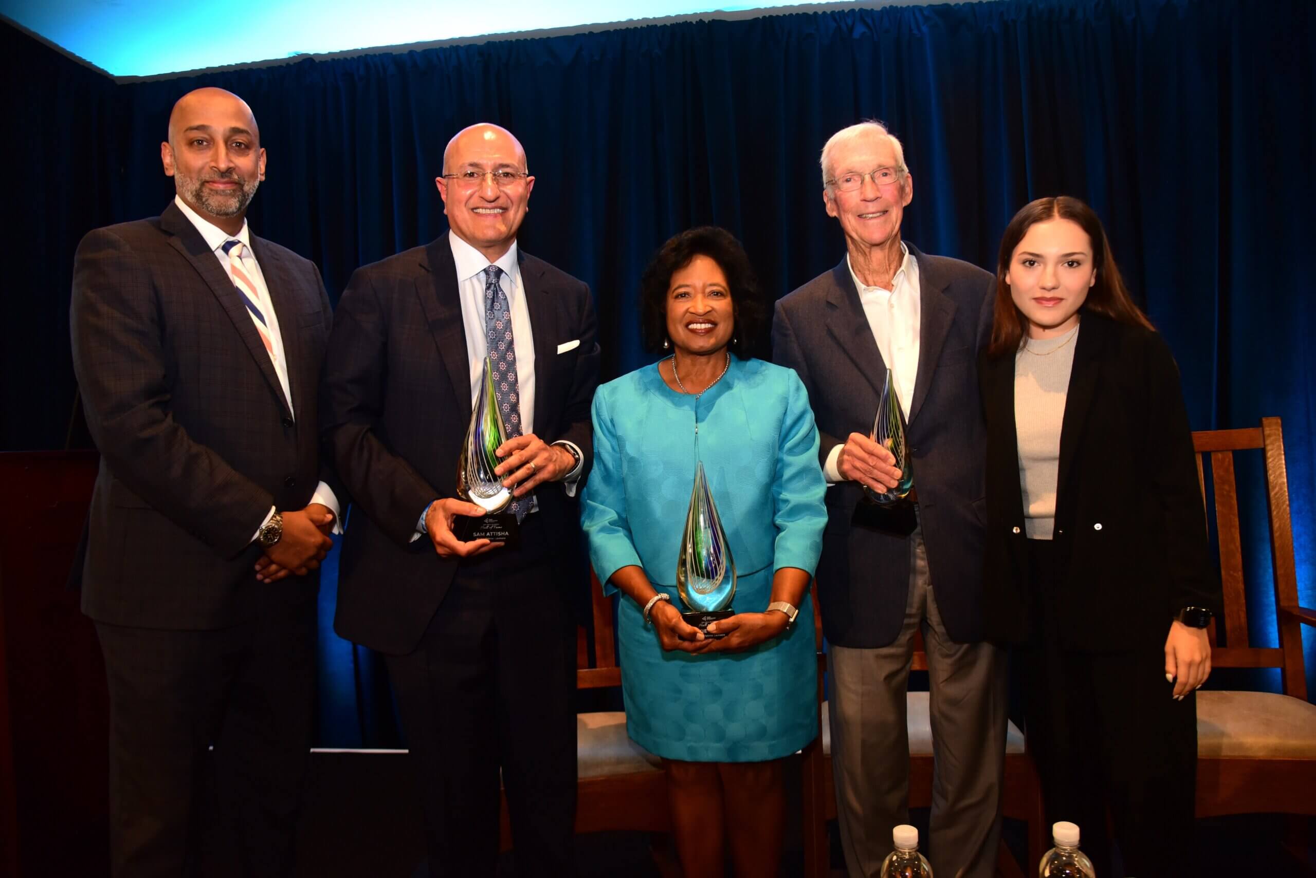 Pictured left to right: JA San Diego President & CEO Sidd Vivek, Cox Communications Senior Vice President Sam Attisha, Wilson Kosmo Turner Partner Emeritus Vickie Turner, Girard Foundation Founder Buzz Woolley, and JA Fellows Alum Diana