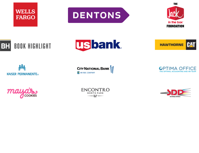 Wells Fargo, Dentons, Jack in the Box Foundation, Book Highlight, US Bank, Hawthorne Cat, Kaiser, City National Bank, Optima Office, Maya's Cookies, Encontro, San Diego Printers